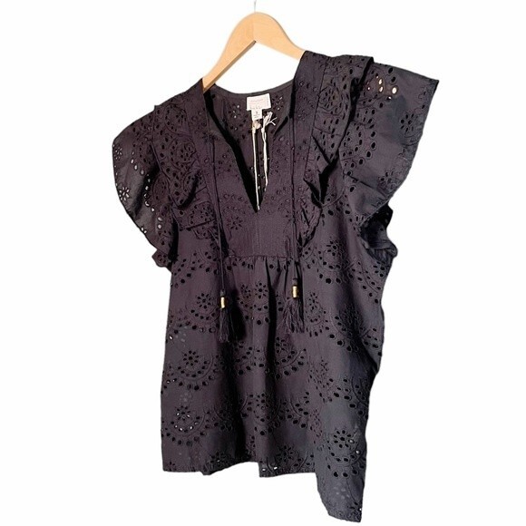 NWT Nicole Miller Top Black Cotton Eyelet Flutter Sleeve Blouse Size Small NEW - Picture 9 of 16
